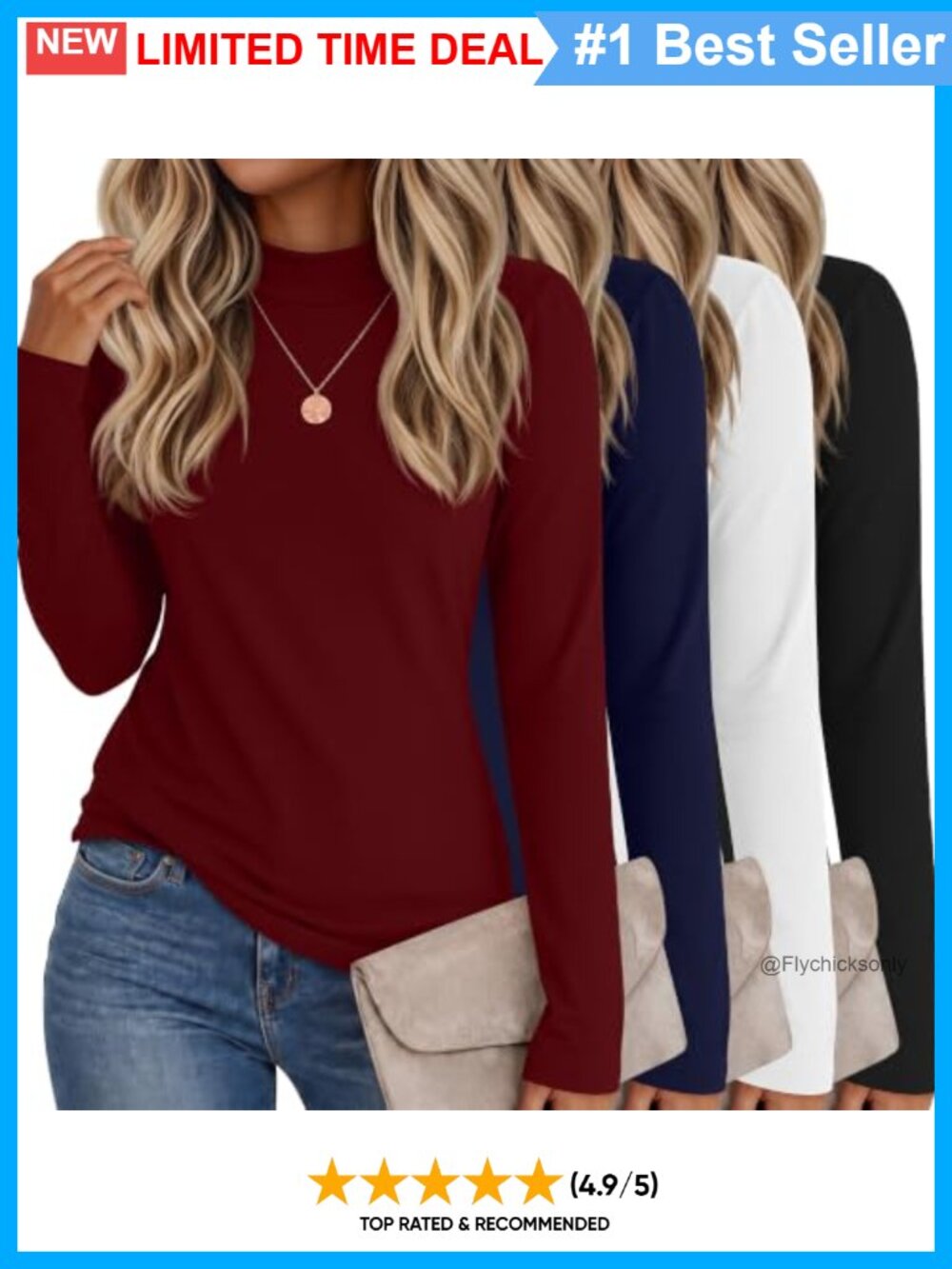 4 Pack Women's Cotton Mock Turtleneck Long Sleeve Tops